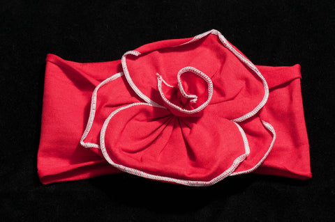 Baby Girl Headband (0-2 yrs) Red with Red Flower and White Trim