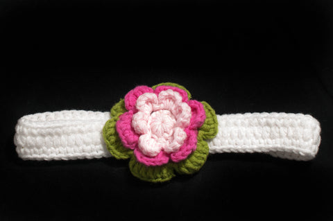 White Crocheted Headband with Pink and Green Flower