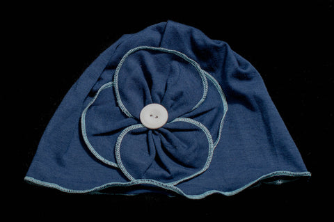 Baby Girl Hat (6m-2yrs) Dark Blue Hat with Flower and Light Blue Trim