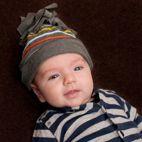Baby Boy Hat (0-2 yrs) Gray with Stripes and Pom Pom