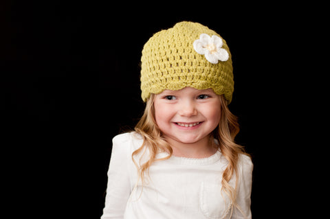 Crocheted Avocado Scalloped Beanie with Flower