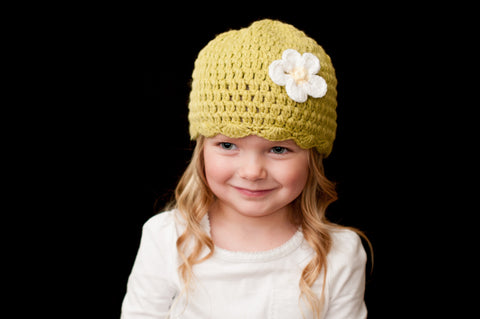 Crocheted Avocado Scalloped Beanie with Flower