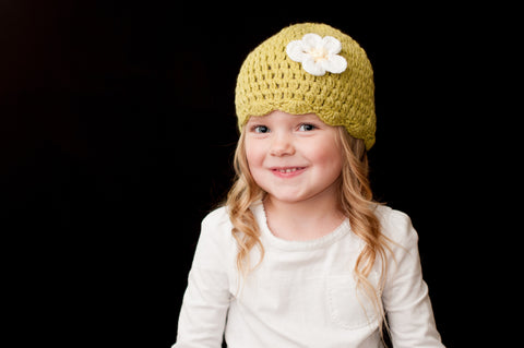 Crocheted Avocado Scalloped Beanie with Flower