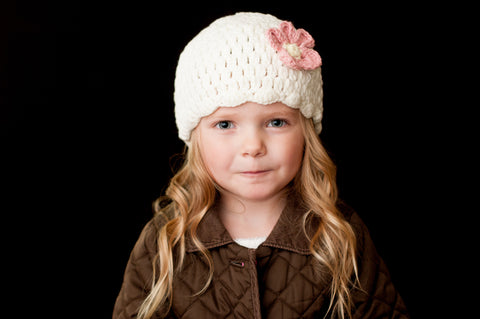 Crocheted Cream Beanie with Flower