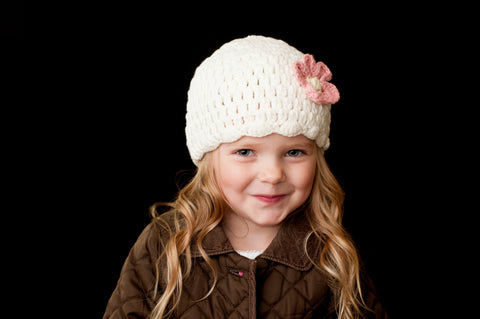 Crocheted Cream Beanie with Flower
