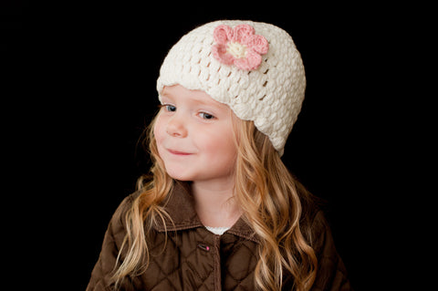 Crocheted Cream Beanie with Flower