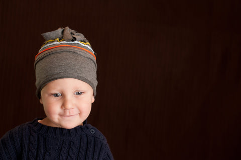 Baby Boy Hat (0-2 yrs) Gray with Stripes and Pom Pom | Sprout Tops