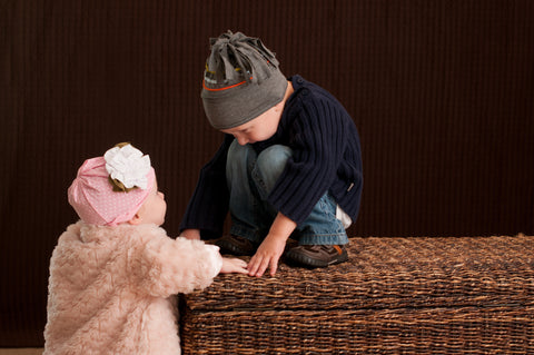 Baby Boy Hat (0-2 yrs) Gray with Stripes and Pom Pom